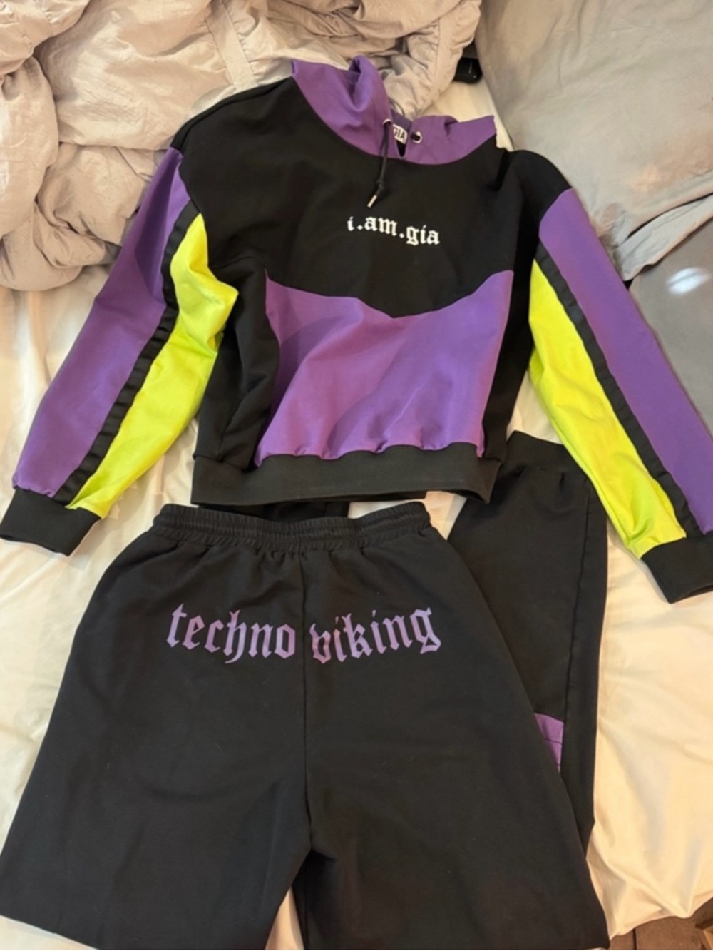 I.AM.GIA Black, Purple & Neon Yellow Techno Viking Hoodie Set